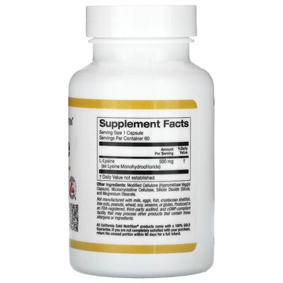 L-Лізин California Gold Nutrition L-Lysine 500 мг, 60 рослинних капсул