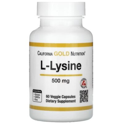 L-Лізин California Gold Nutrition L-Lysine 500 мг, 60 рослинних капсул