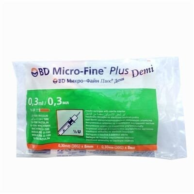 Шприц інсуліновий 0,3 мл U-100 BD Micro-Fine Plus DEMI 30G (0,30 x 8.0 мм), 1 штука