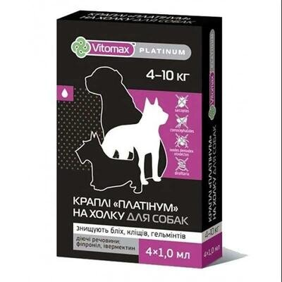 Краплі на холку Vitomax Platinum проти бліх, кліщів та гельмінтів для собак 4-10 кг по 1 мл, 1 піпетка