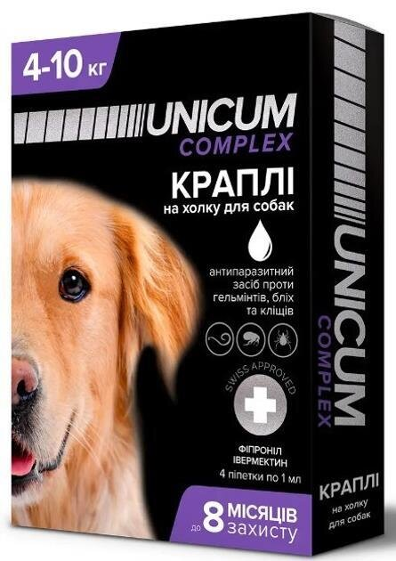 Краплі на холку Unicum Complex від бліх, кліщів і гельмінтів для собак вагою 4-10 кг, 4 піпетки