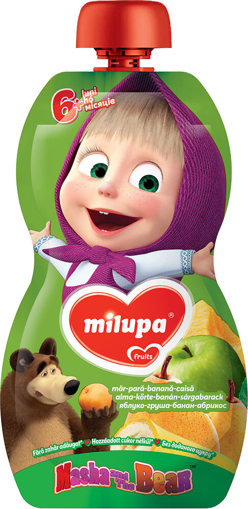 Пюре фруктове Milupa Маша і Ведмідь Яблуко, Манго, Апельсин для дітей з 6 місяців, 100 г