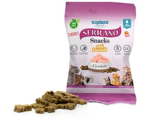 Ласощі для котів Mediterranean Natural Serrano Snacks з функцією виведення грудочок шерсті з куркою, 50 г