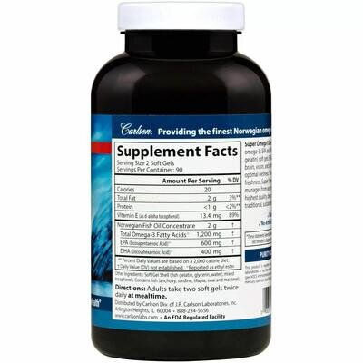 Омега-3 Carlson Labs Super Omega-3 1200 мг, 180 капсул з риб'ячого желатину