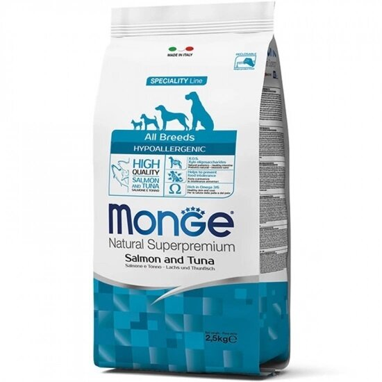 Корм сухий Monge Dog All Breeds Adult Hypoallergenic для собак усіх порід з рисом, лососем та тунцем, 2,5 кг