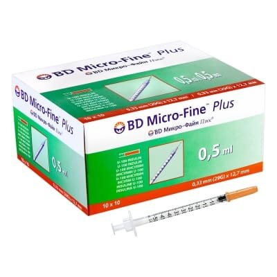 Шприц інсуліновий 0,5 мл U-100 BD Micro-Fine Plus 29G (0.33 x 12.7 мм), 10 штук