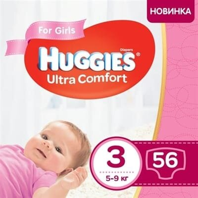 Підгузки дитячі Huggies Ultra Comfort для дівчаток розмір 3, 5-9 кг, 56 штук