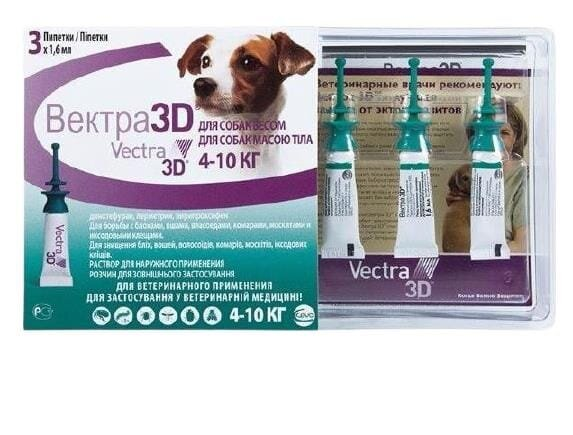 Вектра 3D краплі на холку для собак від 4 до 10 кг, стоп-он 1,6 мл, 3 піпетки