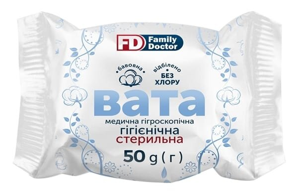 Вата стерильна FD Family Doctor медична гігроскопічна, гігієнічна, ролик 50 г