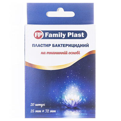 Пластир медичний «FP Family Plast» бактерицидний на тканинній основі 25 мм х 72 мм, 20 штук