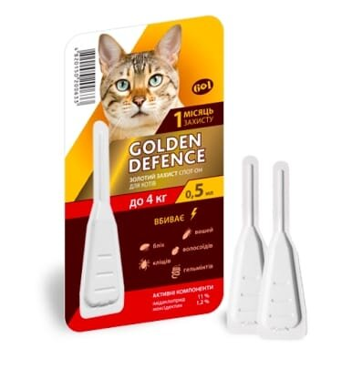 Краплі на холку Palladium Golden Defence від паразитів для кішок вагою до 4 кг, 1 піпетка