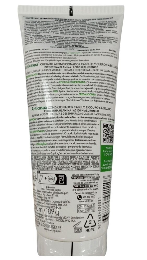 Кондиціонер Vichy Dercos Anti-dandruff дерматологічний проти лупи для усіх типів волосся та подразненої шкіри голови, 200 мл