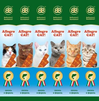 Ласощі жувальні для кішок B&B Allegro Cat ковбаски лосось та форель 6 штук по 5 г