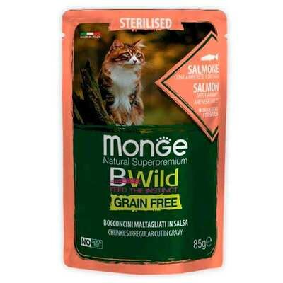 Корм вологий Monge BWild Grain Free Sterilized Adult Cat для стерилізованих котів з лососем (шматочки в соусі), 85 г