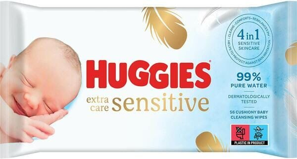 Серветки вологі Huggies Extra Care Sensitive дитячі, для новонароджених, 56 шт