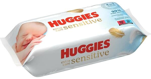 Серветки вологі Huggies Extra Care Sensitive дитячі, для новонароджених, 56 шт