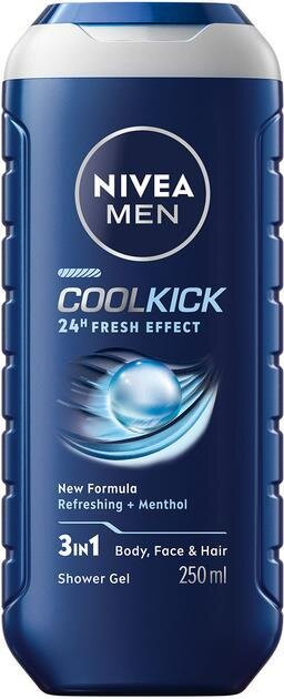 Гель для душу чоловічий Nivea Men 3-в-1 Cool Kick для тіла, обличчя та волосся, 250 мл