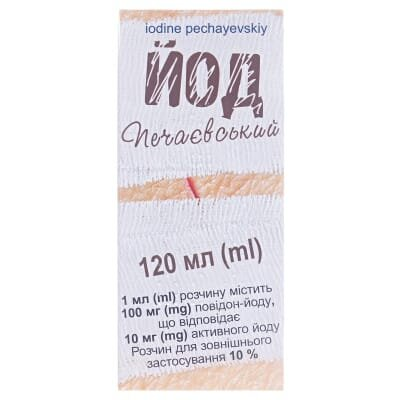Йод печаєвський розчин д/зовн. заст. 10 % по 120 мл у бан. з проб.-крап.