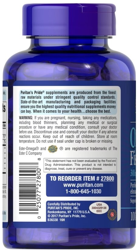 Омега-3 Puritan's Pride Omega-3 Fish Oil 1000 мг, 100 м'яких капсул