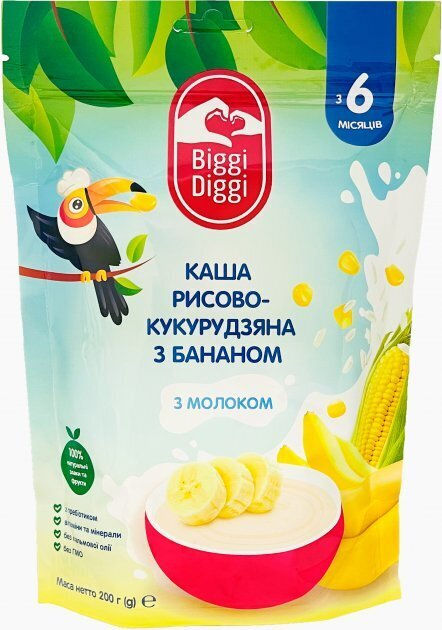Каша молочна Biggi Diggi швидкорозчинна рисово-кукурудзяна з бананом для дітей з 6 місяців, 200 г