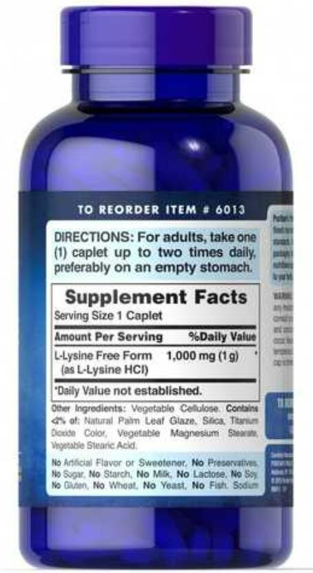 Амінокислота L-Лізин Puritan's Pride L-Lysine Free Form 1000 мг, 250 каплет