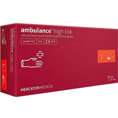 Рукавички оглядові Mercator Ambulance High Risk латексні непудровані, розмір L, нестерильні сині, 50 штук