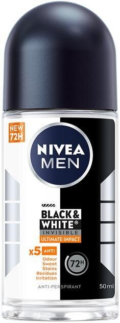 Дезодорант-антиперспірант кульковий Nivea Men Black & White Invisible Ultimate Impact Чорне та Біле невидимий 72h (85392), 50 мл