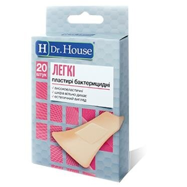 Набір пластирів медичних Dr. House Легкі бактерицидні на нетканій основі, 7,2 см х 2,3 см, 20 штук