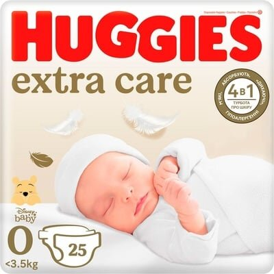 Підгузки Huggies Extra Care дитячі, розмір 0+, до 3,5 кг, 25 шт