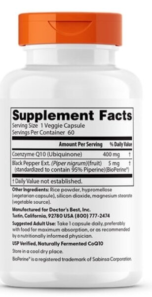 Коензим Q10 400 мг та біоперин Doctor's Best High Absorption CoQ10 with BioPerine, 60 вегетаріанських капсул