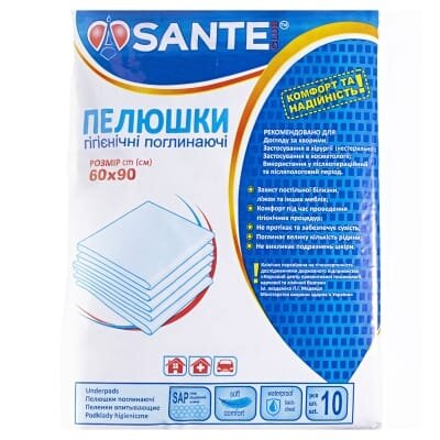 Пелюшки Sante Club одноразові гігієнічні 60 x 90 см, 10 шт