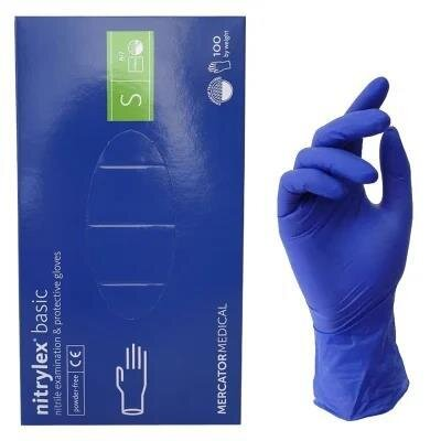 Рукавички оглядові Mercator Medical Nitrylex basic нітрилові неопудрені, розмір S, нестерильні, сині, 100 штук