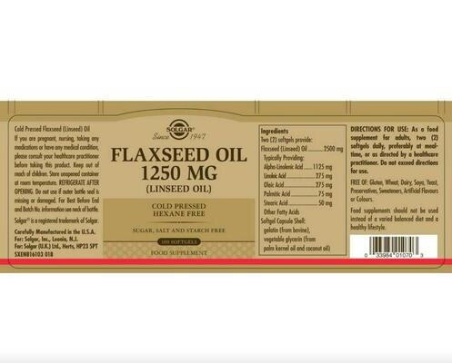 Лляна олія Solgar Flaxseed Oil 1250 мг м'які капсули №100