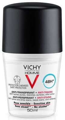 Дезодорант-антиперспірант кульковий Vichy Homme 48h для чоловіків проти жовтих та білих плям на одязі, 50 мл