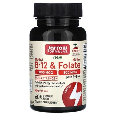 Метил B-12 та Фолат Jarrow Formulas Methyl B-12 & Methyl Folate 5000 мкг/800 мкг смак вишні, 60 льодяників