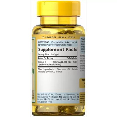 Вітамін Д3 Puritan's Pride Vitamin D3 2000 IU (50 мкг), 200 гелевих капсул