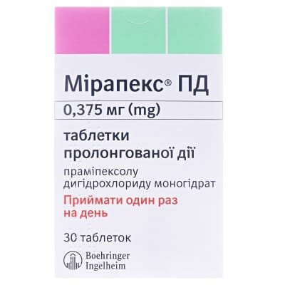 Мірапекс ПД таблетки прол./д. по 0.375 мг №30 (10х3)