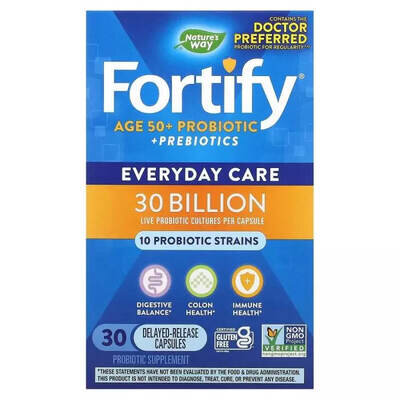 Комплекс Про- та пребіотиків для дорослих 50+ Nature's Way Fortify Age 50+ Probiotic + Prebiotics 30 млрд КУО, 30 вегетаріанських капсул