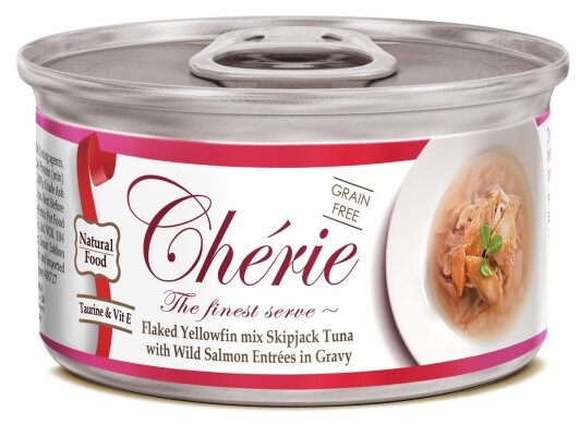 Корм вологий Cherie Flaked Yellowfin Mix Skipjack Tuna & Wild Salmon для котів з ніжними шматочками тунця та дикого лосося в соусі, 80 г