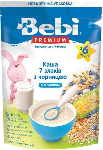 Каша молочна Bebi Premium 7 злаків з чорницею, з 6 місяців, 200 г
