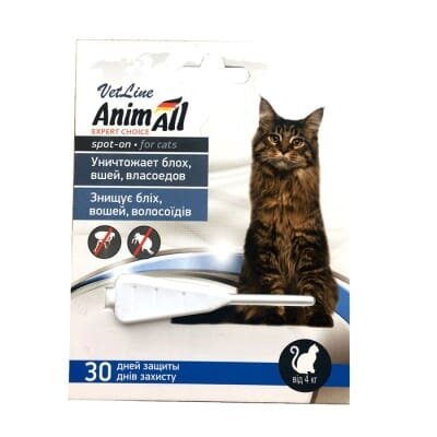Краплі на холку AnimAll VetLine Spot-On від паразитів для кішок вагою від 4 до 8 кг, 1 мл