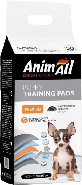 Пелюшки для собак та цуценят AnimAll Puppy Training Pads з активованим вугіллям 60 см х 60 см, 50 штук