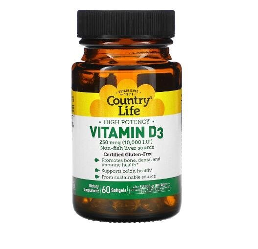 Вітамін Д3 Country Life Vitamin D3 Високоефективний 250 мкг 10000 МО, 60 капсул