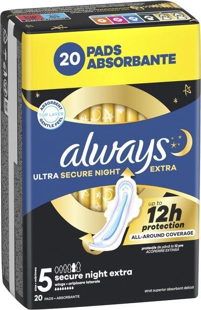 Прокладки гігієнічні Always Ultra Secure Night Extra, 7 крапель, 5 розмір, 20 шт