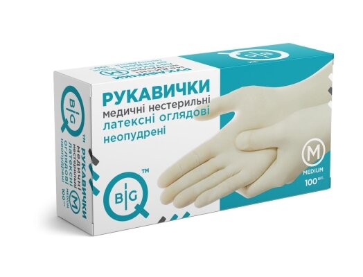 Рукавички оглядові BigQ латексні без пудри нестерильні, розмір M, 100 штук