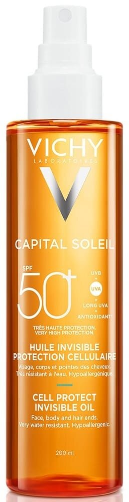 Олійка Vichy Capital Soleil SPF50+ сонцезахисна водостійка для шкіри обличчя, тіла та кінчиків волосся, 200 мл