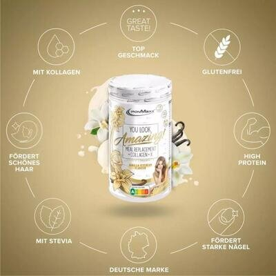 Протеїн з колагеном і вітамінами IronMaxx You Look Amazing Meal Replacement + Collagen + X ванільне морозиво, 550 г