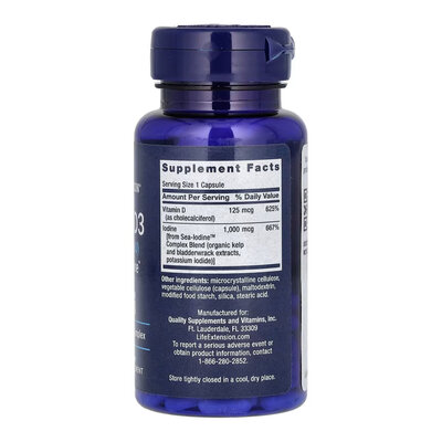 Вітамін Д3 + морський йод Life Extension Vit D3 with Sea-Iodine 5000 МО (125 мкг), 60 капсул