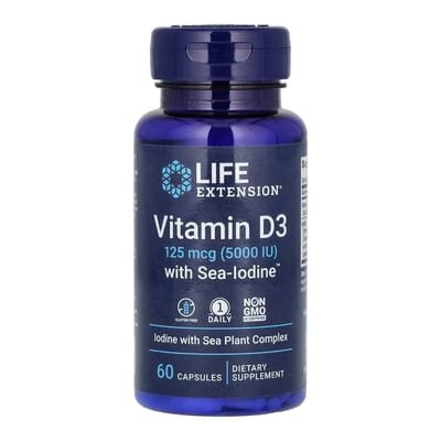 Вітамін Д3 + морський йод Life Extension Vit D3 with Sea-Iodine 5000 МО (125 мкг), 60 капсул