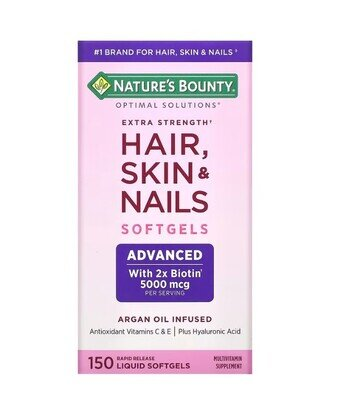 Мультивітаміни Nature's Bounty Optimal Solutions для здоров’я волосся, шкіри й нігтів, з біотином 5000 мкг, 150 гелевих капсул